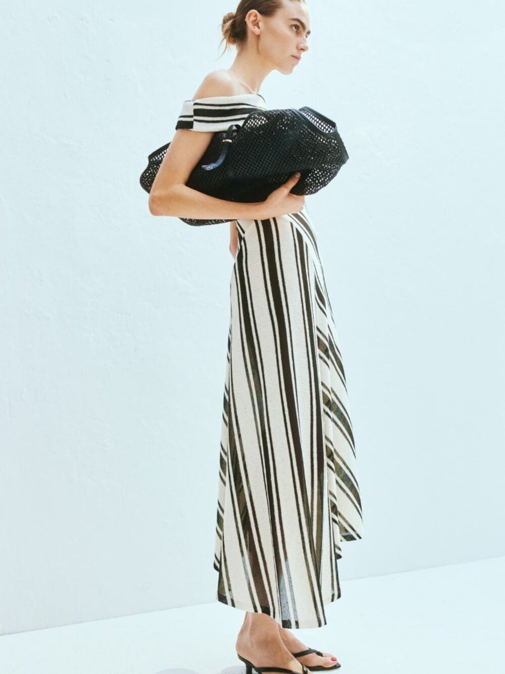 Knit Cream and Black Striped One Shoulder Dress XS